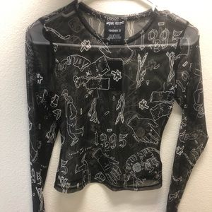 Black mesh long sleeve logo top NWT